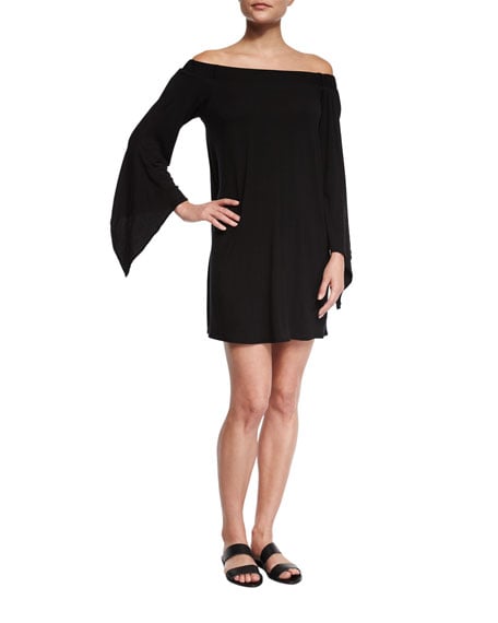 Luxe by Lisa Vogel Liquid by Luxe Bell-Sleeve Coverup Dress Black off the shoulder beach cover ups for spring break 2017