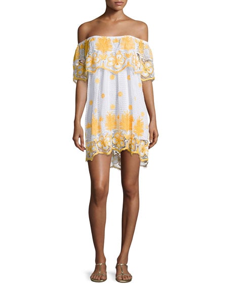 Miguelina Angelique Off-the-Shoulder Tropical Lace Coverup Dress White with Mango Ruffle Overlay off the shoulder beach cover ups for spring break 2017