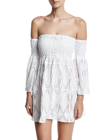Milly Floral Crochet Off-the-Shoulder Smocked Coverup Mini Dress White bell sleeves off the shoulder beach cover ups for spring 2017