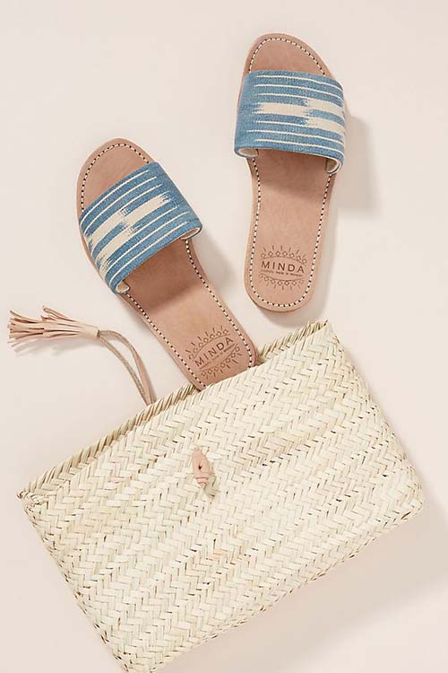 Minda Slide Sandals Minda Blue Motif Ivory White beach flat sandal