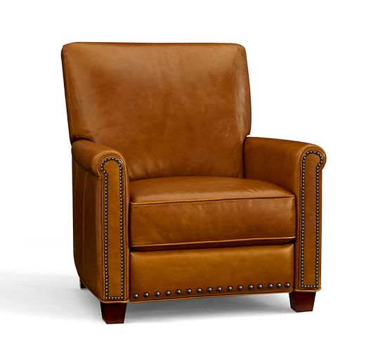 Pottery Barn IRVING LEATHER RECLINER WITH NAILHEADS Stetson Chestnut pottery barn 25% furniture home decor