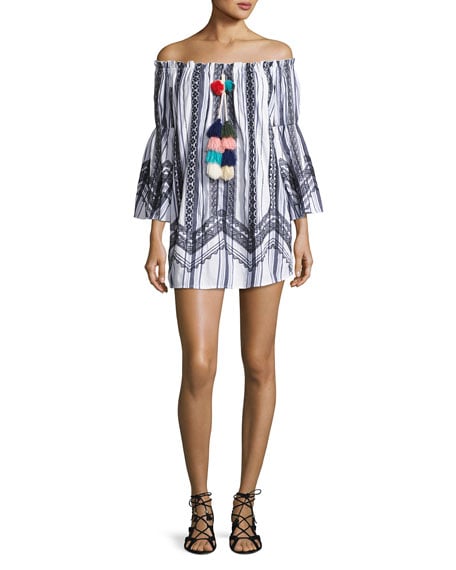 Red Carter Rio Striped Off-the-Shoulder Tassel-Trim Mini Dress, White/Multicolor Bell Sleeves off the shoulder beach cover up dresses for spring break 2017
