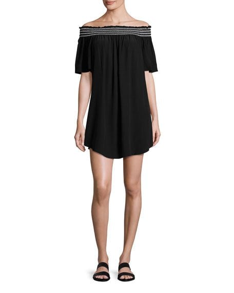Seafolly Smocked Off-the-Shoulder Coverup Dress Black off the shoulder beach cover ups for spring break 2017