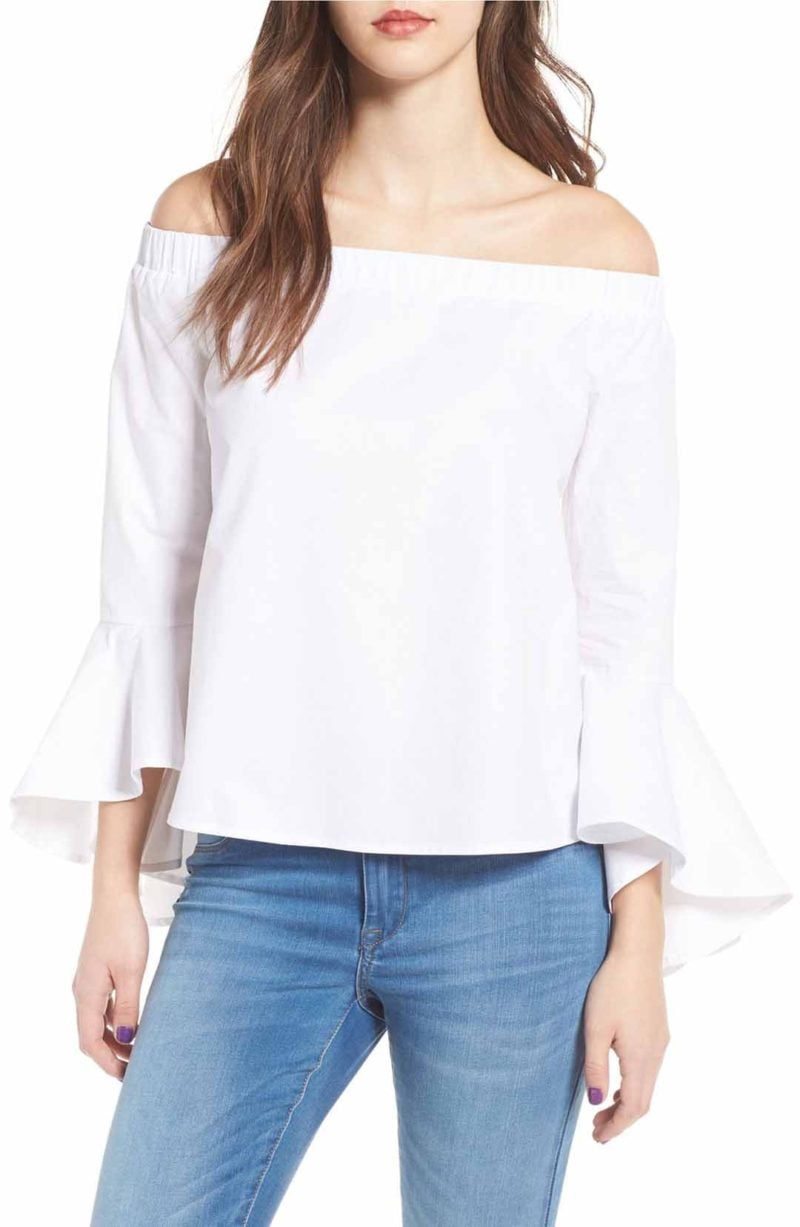 Soprano Bell Sleeve Off the Shoulder Blouse White bell sleeve tops under $50