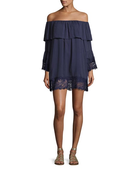 Suboo Midnight Oasis Lace Off-the-Shoulder Long-Sleeve Mini Dress, Blue Bell Sleeves off the shoulder beach cover ups for spring break 2017