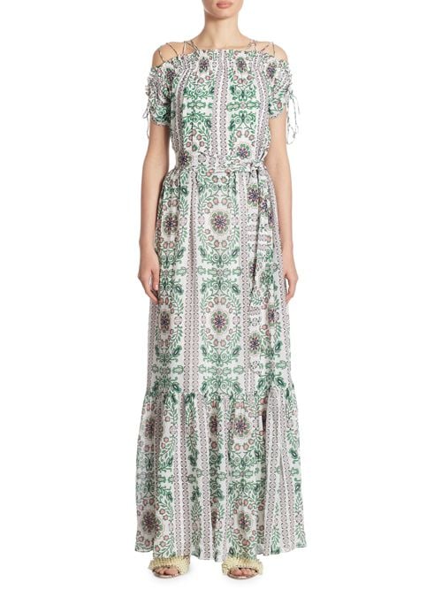 Tory Burch Asilomar Cold-Shoulder Silk Maxi Dress White Garden Party cold shoulder maxi dresses spring 2017