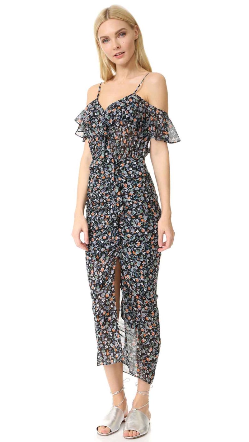 Veronica Beard Marilyn Cold Shoulder Ruffle Dress Black Floral Print cold shoulder maxi dresses spring 2017
