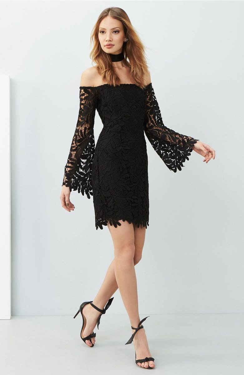 BARDOT Flora Lace Off the Shoulder Dress Bell Sleeves Black bell sleeve dresses spring kentucky derby parties