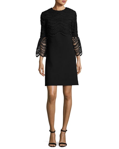 Lela Rose Bell-Sleeve Lace-Bodice Tunic Dress Black tunic dresses spring 2017