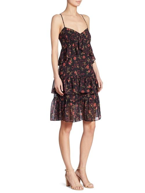 Scripted Floral-Print Ruffled Tiered Dress Black Floral Print dresses spring 2017
