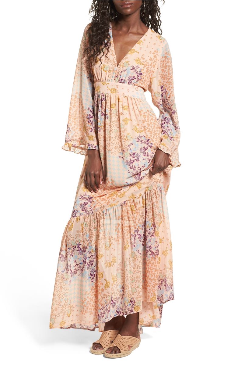 WAYF Viola Bell Sleeve Maxi Dress Beige Patchwork bell sleeve dresses kentucky derby party