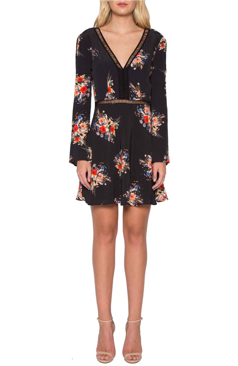 WILLOW & CLAY Floral Open Stitch Minidress Black bell sleeve dresses kentucky derby party