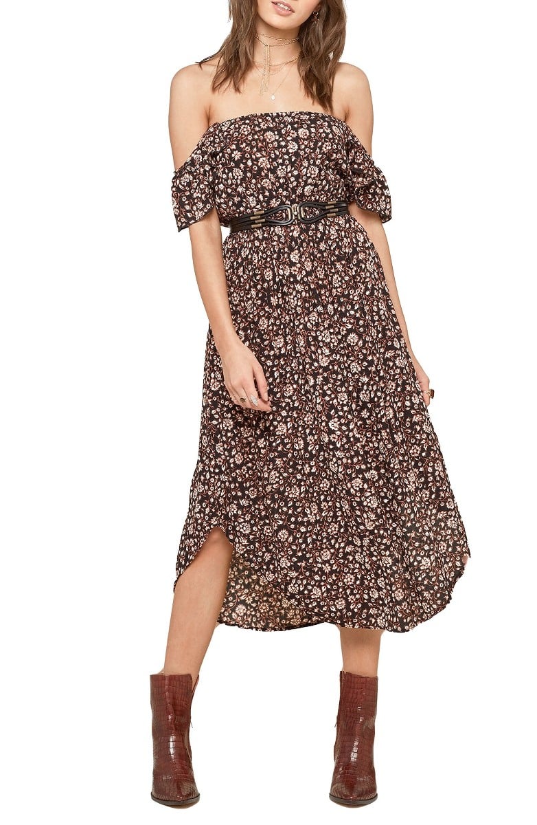 AMUSE SOCIETY Off the Shoulder Midi Dress Black Sands ruffle hem dresses summer wedding guest