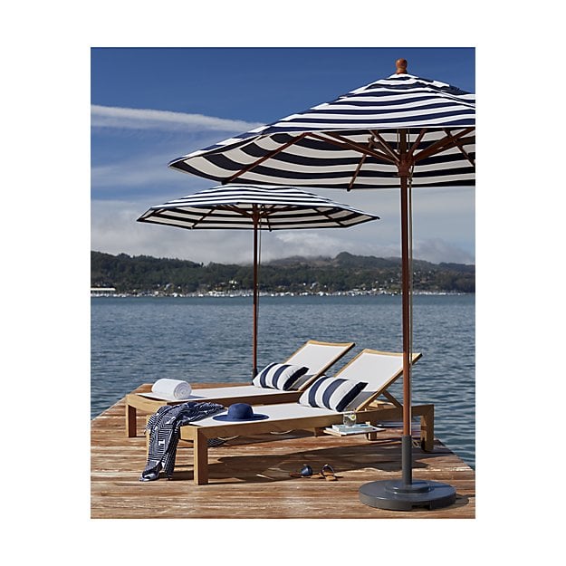 Crate and Barrel 9' Round Sunbrella ® Cabana Stripe Navy Patio Umbrella with Tilt Black Frame crate and barrel outdoor furniture sale