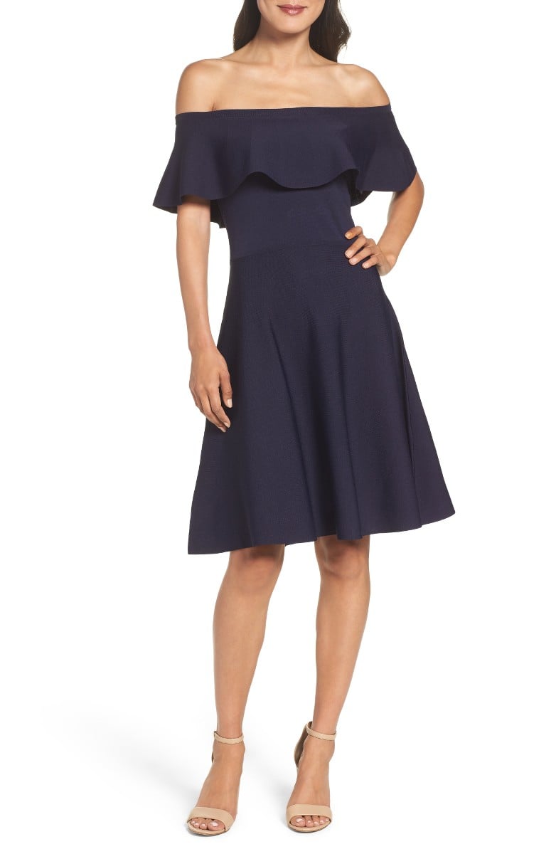 ELIZA J Off the Shoulder Dress Navy Blue ruffle hem dresses summer wedding guests