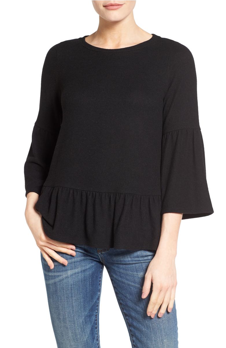 GIBSON Cozy Fleece Peplum Top Black ruffle sleeve tops under $50