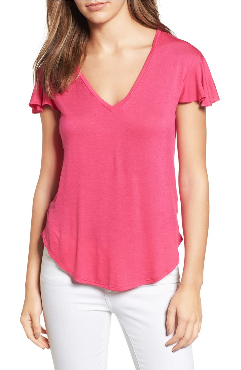 HALOGEN® Flutter Sleeve V-Neck Tee Fuchsia ruffle sleeve tops under $50