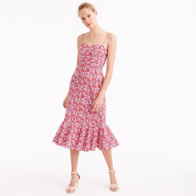 J.Crew Ruffle-hem midi dress in Liberty® Wiltshire floral item G3501 Berry Multi ruffle hem dresses summer wedding guests