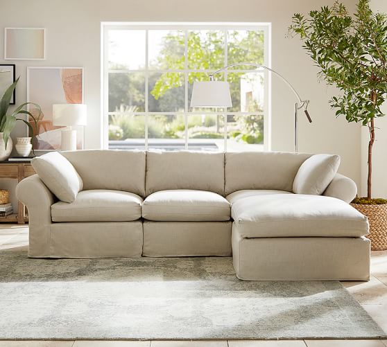 PB AIR SLIPCOVERED 4-PIECE SOFA WITH CHAISE SECTIONAL Sunbrella Performance Slub Tweed Pebble pottery barn memorial day stock up sale