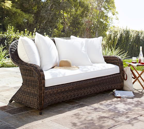 Pottery Barn outdoor furniture sale TORREY ALL-WEATHER WICKER ROLL-ARM SOFA - ESPRESSO