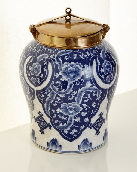 Small Blue and White Lidded Jar Neiman Marcus Home Sale