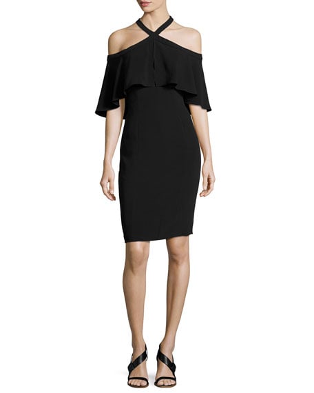 Carmen Marc Valvo Stretch Crepe Cape Cocktail Dress Black cold shoulder wedding guest dresses for summer 2017