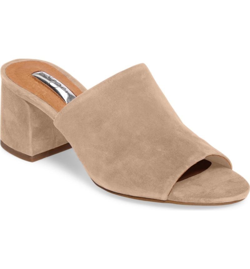 HALOGEN® Freda Side Sandal Block Heel Taupe Suede MULE SANDALS SUMMER 2017