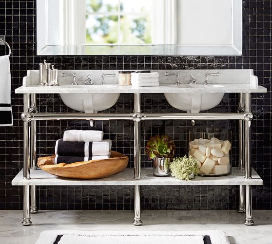 Pottery Barn APOTHECARY DOUBLE SINK CONSOLE Carrara Marble Top 25 percent off sale weekend