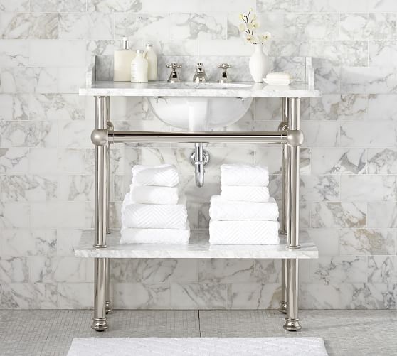 Pottery Barn APOTHECARY SINGLE SINK CONSOLE Carrara Marble Top Backsplash sale 25 percent off