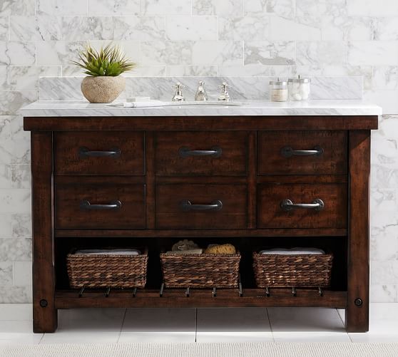 Pottery Barn BENCHWRIGHT SINGLE WIDE SINK CONSOLE Rustic Mahogany Stain Carrara Marble Top 25 percent off
