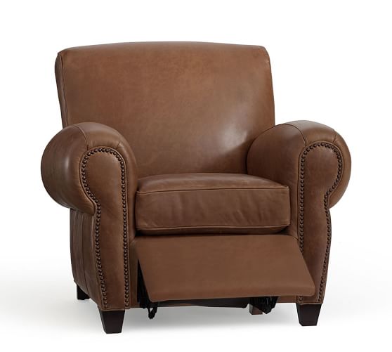 Pottery Barn QUICK SHIP MANHATTAN LEATHER RECLINER WITH NAILHEADS Signature Whiskey pottery barn fathers day gifts sale
