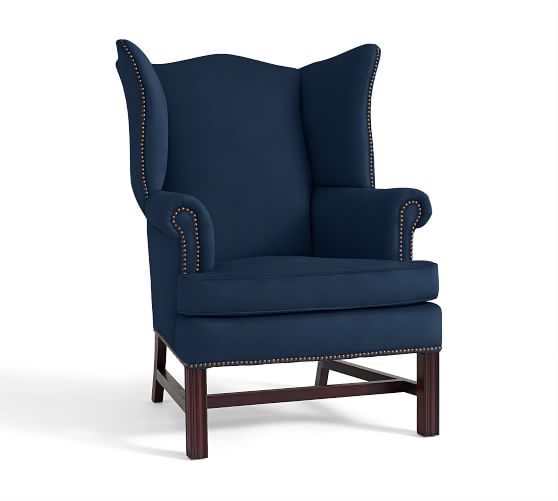 Pottery Barn THATCHER UPHOLSTERED WINGBACK CHAIR Performance Everydayvelvet Navy sale