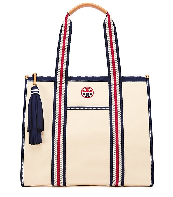 Tory Burch EMBROIDERED-T TOTE Natural Red Blue tory burch semi-annual sale