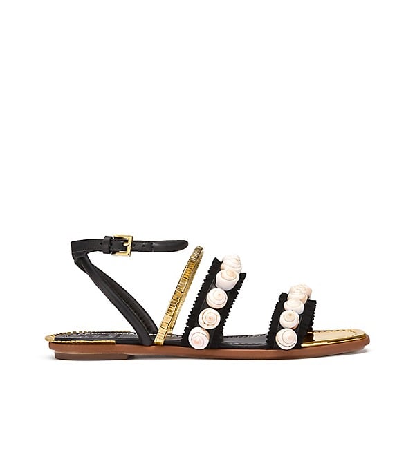 Tory Burch SINCLAIR SANDAL Black Black Gold Black Shell Embellishment summer 2017 tory burch semi-annual sale