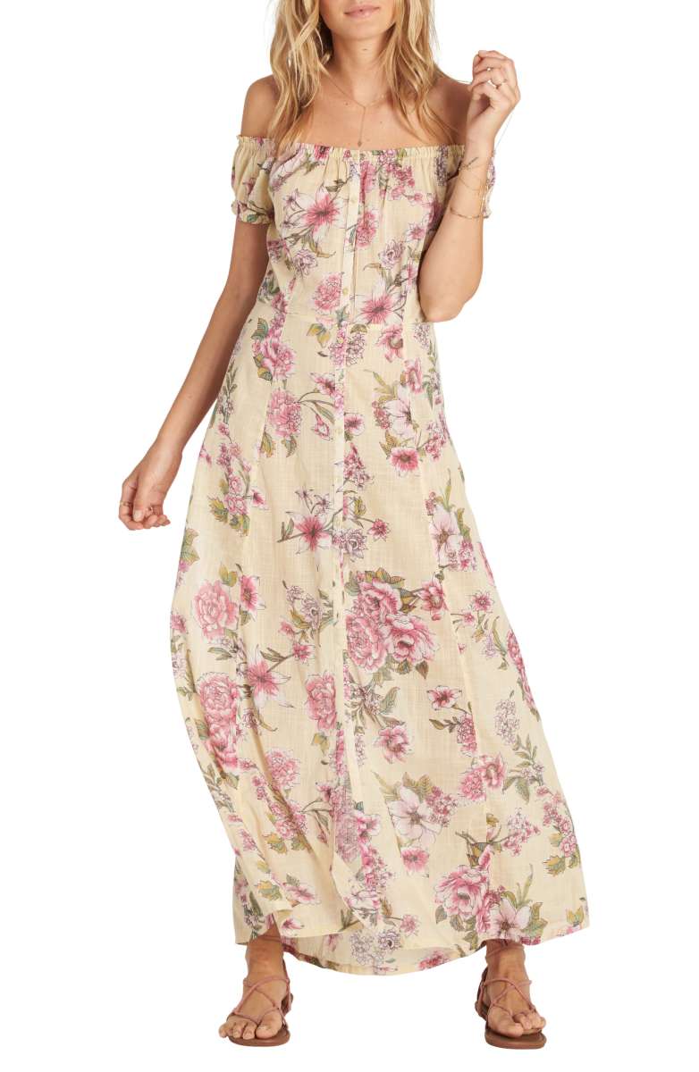 BILLABONG Linger Here Off the Shoulder Maxi Dress Pina Colada Floral Print nordstrom under 100 dresses