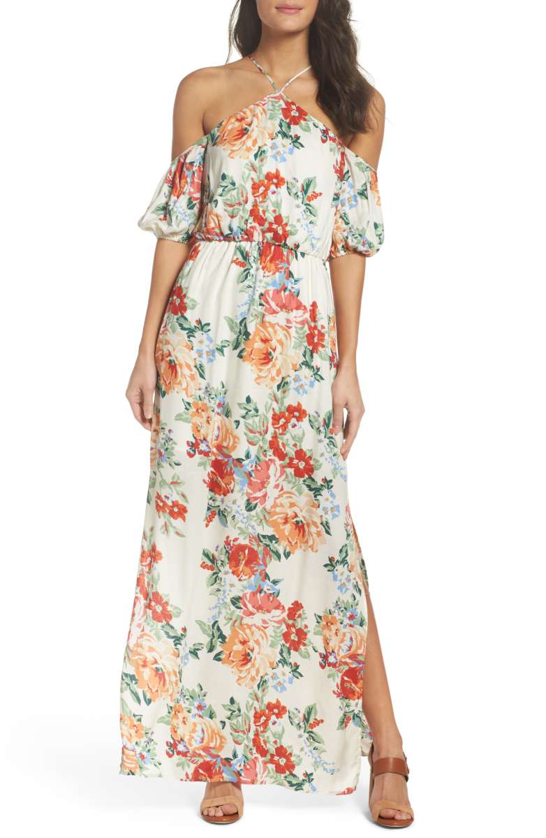CHARLES HENRY Cold Shoulder Blouson Dress Ivory Floral Print nordstrom under 100 dollars