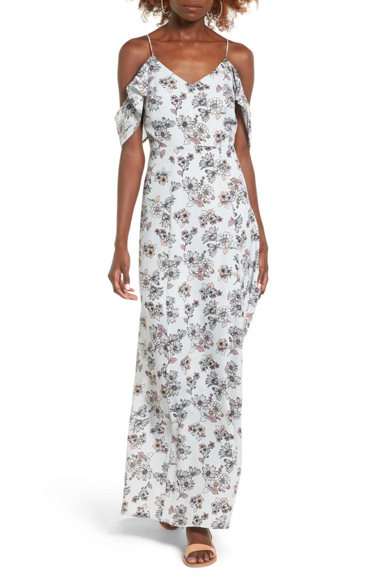 DEE ELLY Cold Shoulder Maxi Dress Silver Mauve Floral Print nordstrom maxi dresses under 100 dollars