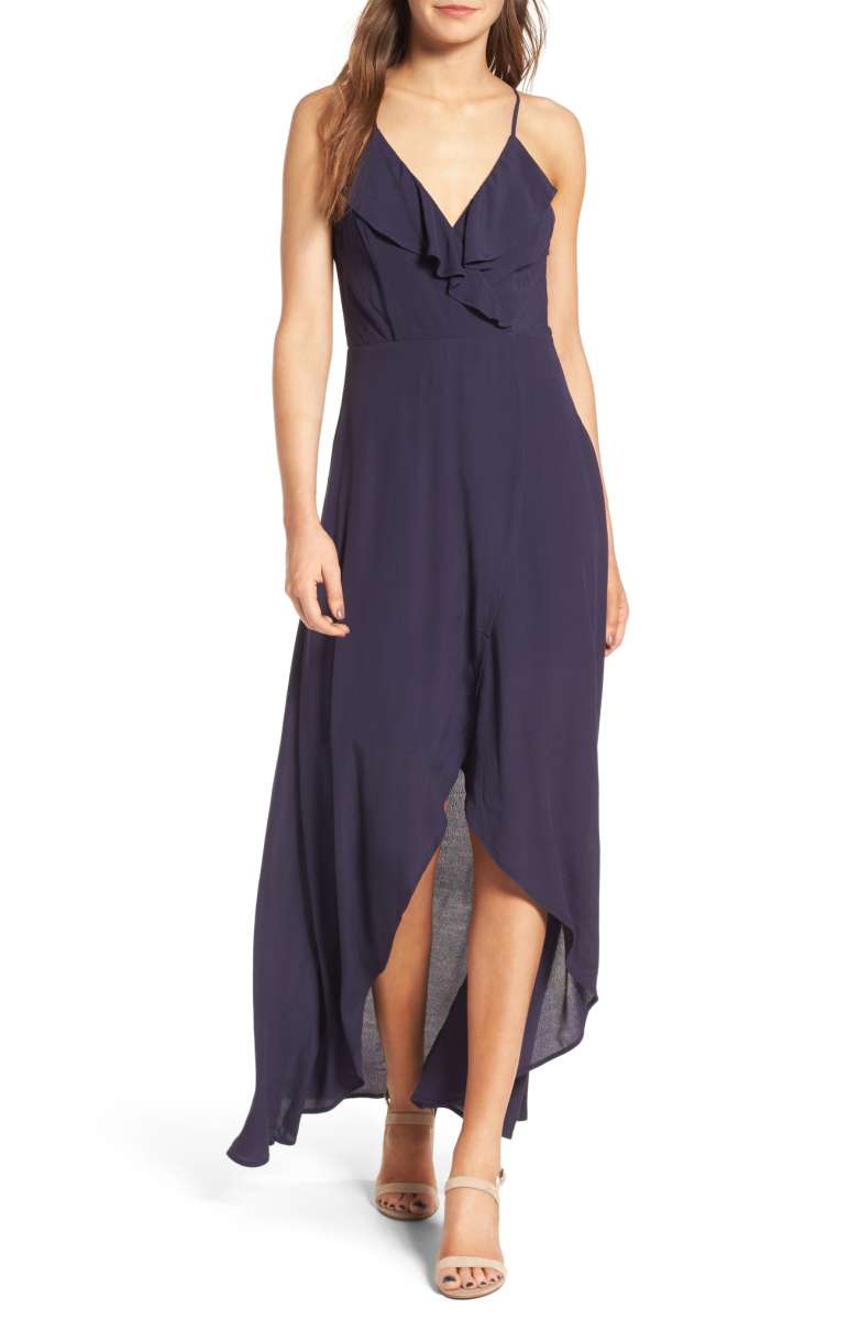 DEE ELLY Ruffle Surplice Maxi Dress Navy Blue nordstrom under 100 dollars