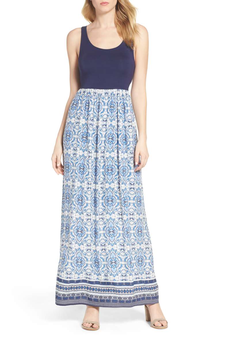 FRAICHE BY J Cutout Maxi Dress Blue Border Print Skirt nordstrom dresses under 100 dollars