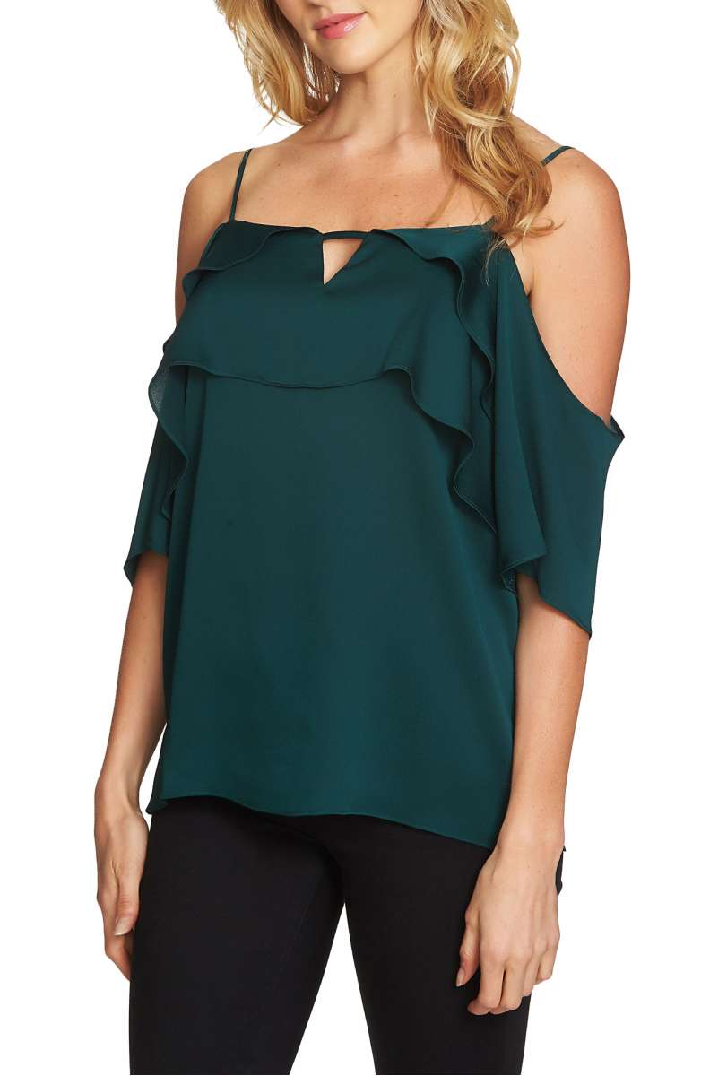 1.STATE Tiered Cold Shoulder Top Jasper Green ruffle cold shoulder tops fall
