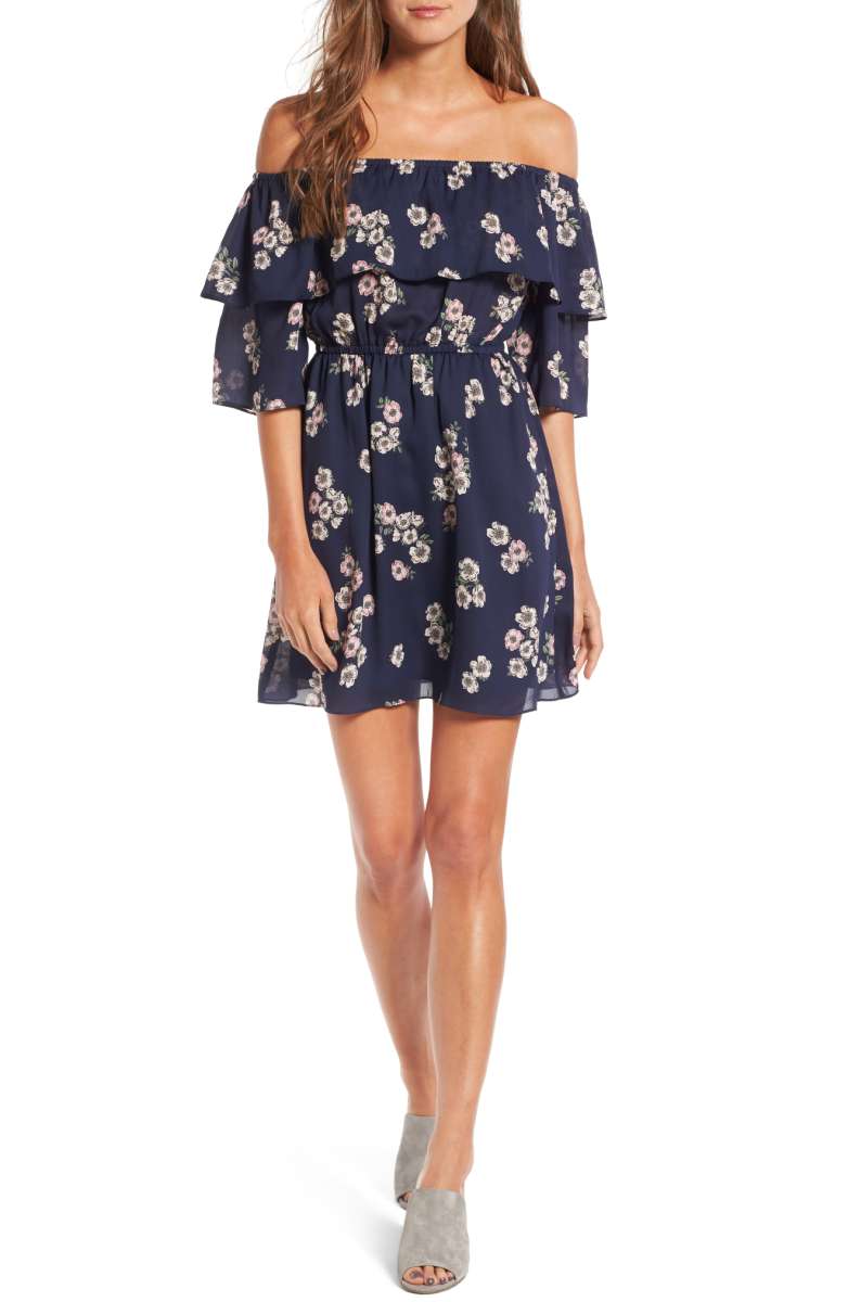 CUPCAKES AND CASHMERE Benita Off the Shoulder Dress Ink Floral Print ruffle off the shoulder dresses summer 2017