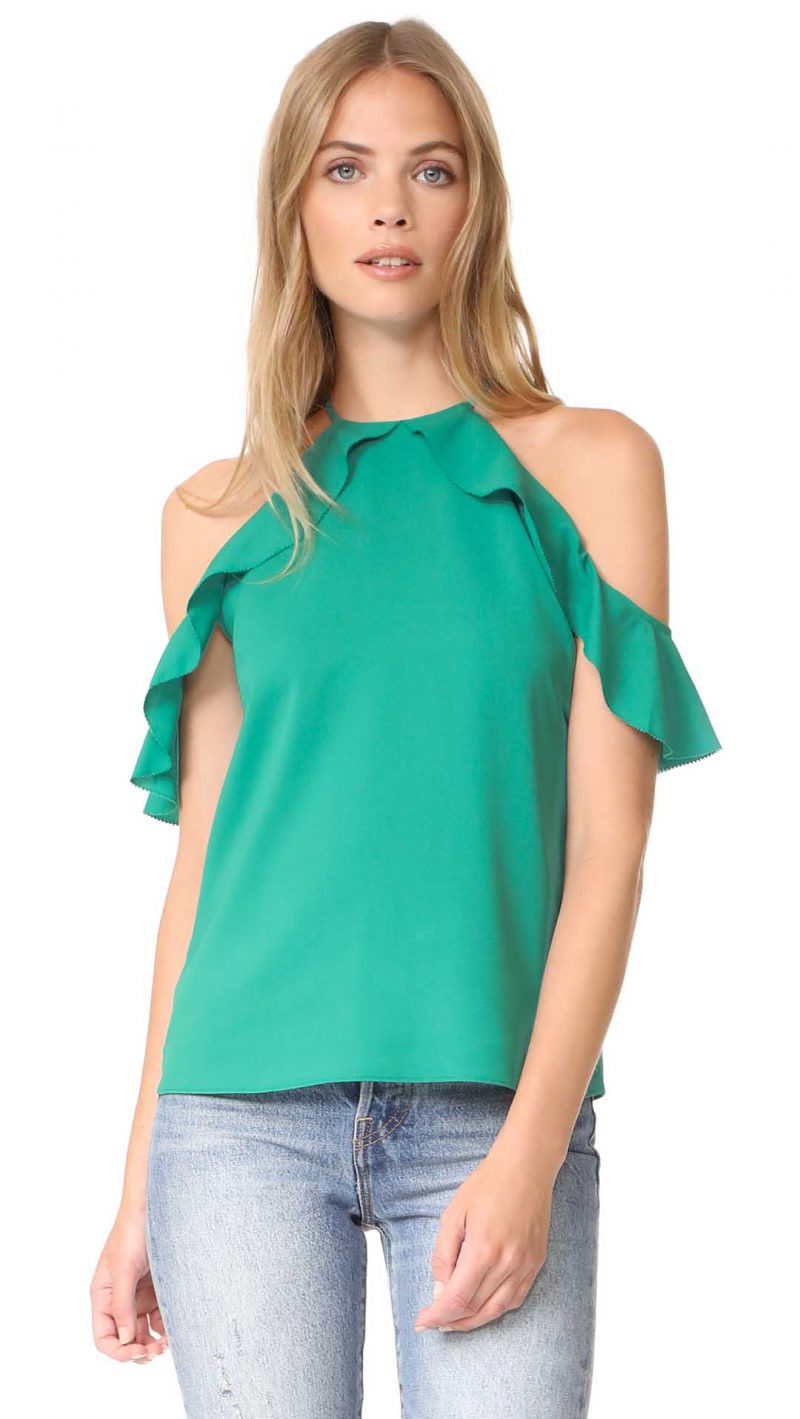 Cooper & Ella Cold Shoulder Top Pine Green ruffle cold shoulder tops fall