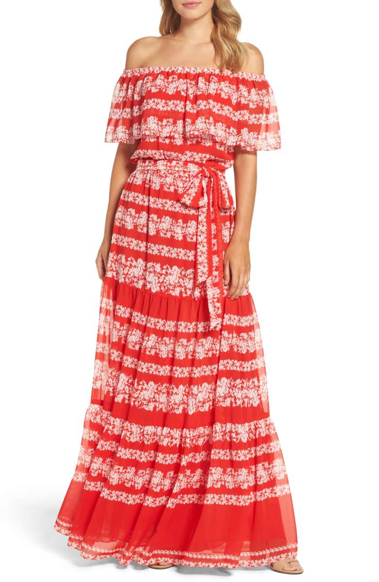 ELIZA J Off the Shoulder Maxi Dress Red Ivory Print ruffle off the shoulder dresses summer 2017