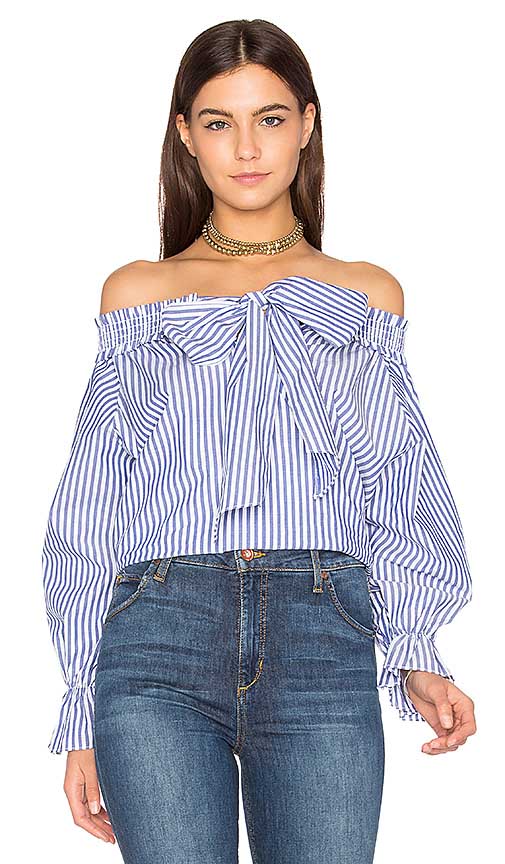 J.O.A. OFF SHOULDER STRIPE TOP Navy Blue White Bow revolve summer 2017