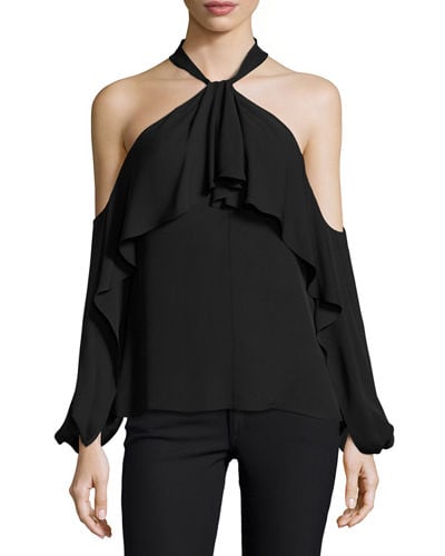 Kobi Halperin Adrienne Ruffled Cold-Shoulder Silk Blouse Black