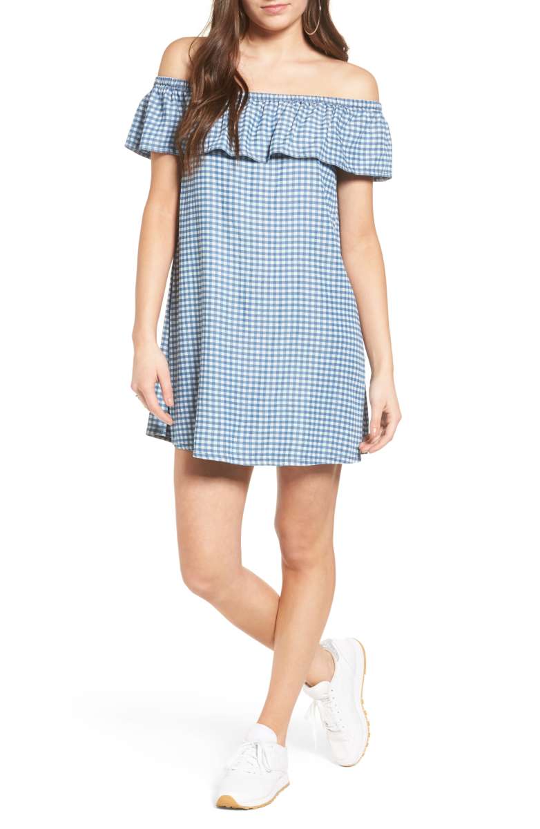 LOVE, FIRE Gingham Off the Shoulder Shift Dress Medium Wash ruffle off the shoulder dresses summer 2017