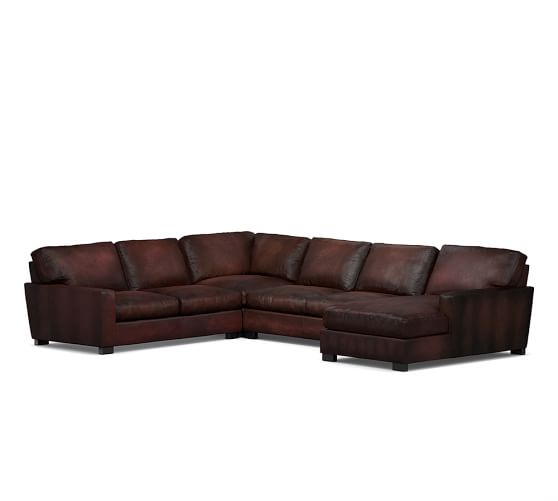 Pottery Barn TURNER SQUARE ARM LEATHER 4-PIECE CHAISE SECTIONAL Leather Burnished Cocoa pottery barn sofas sectionals sale