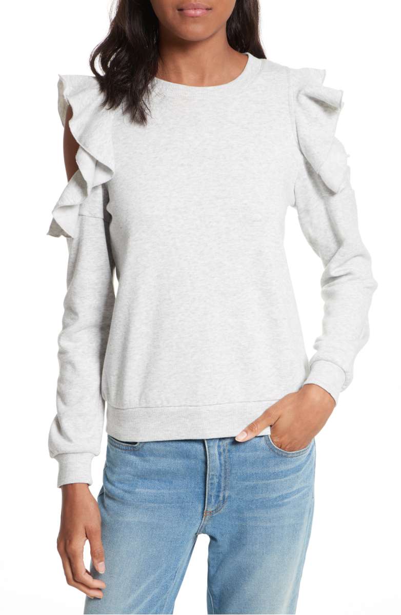 REBECCA MINKOFF Gracie Cold Shoulder Sweatshirt Light Heather Grey ruffle cold shoulder tops fall