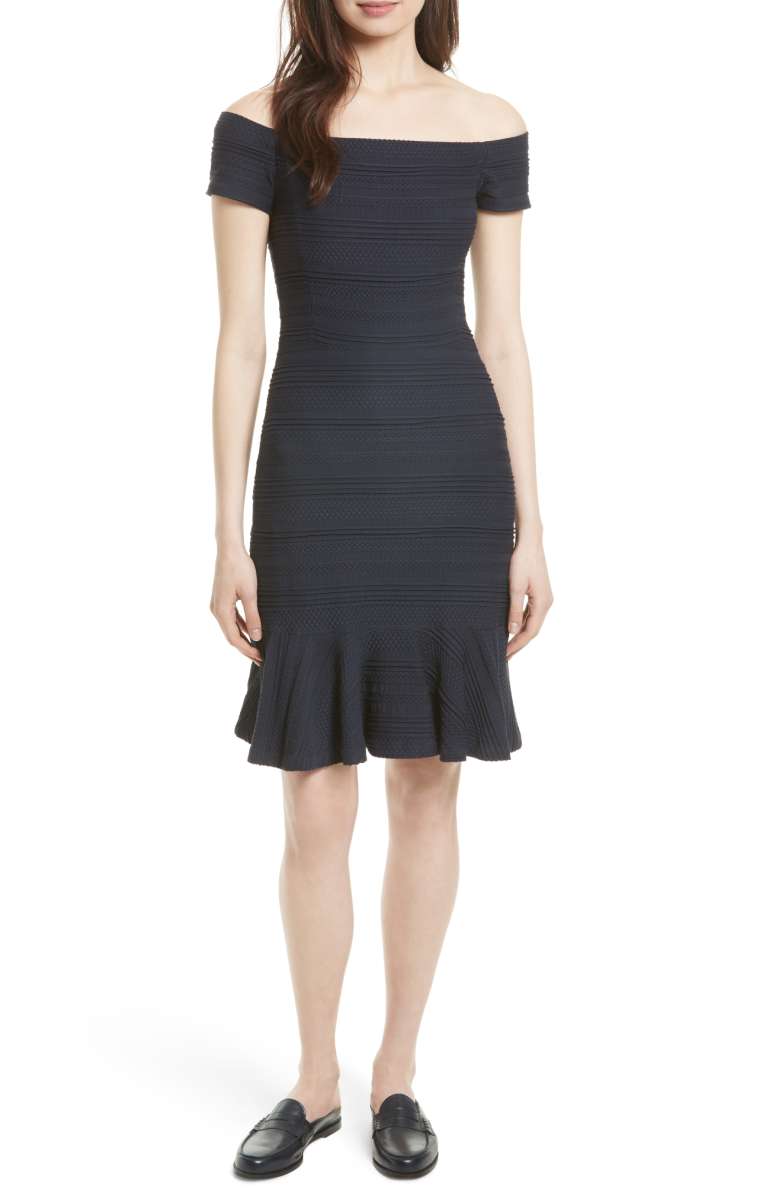 Rebecca Taylor Off the Shoulder Textured Knit Dress Navy Blue ruffle hem off the shoulder dresses summer 2017