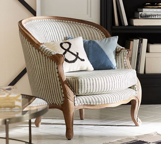 THE EMILY & MERITT BERGERE UPHOLSTERED ARMCHAIR Ticking emily & meritt for pottery barn collection fall 2017